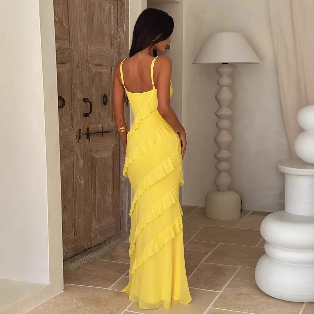 Women's maxi dress with elegant ruffle design and adjustable straps Lisslune