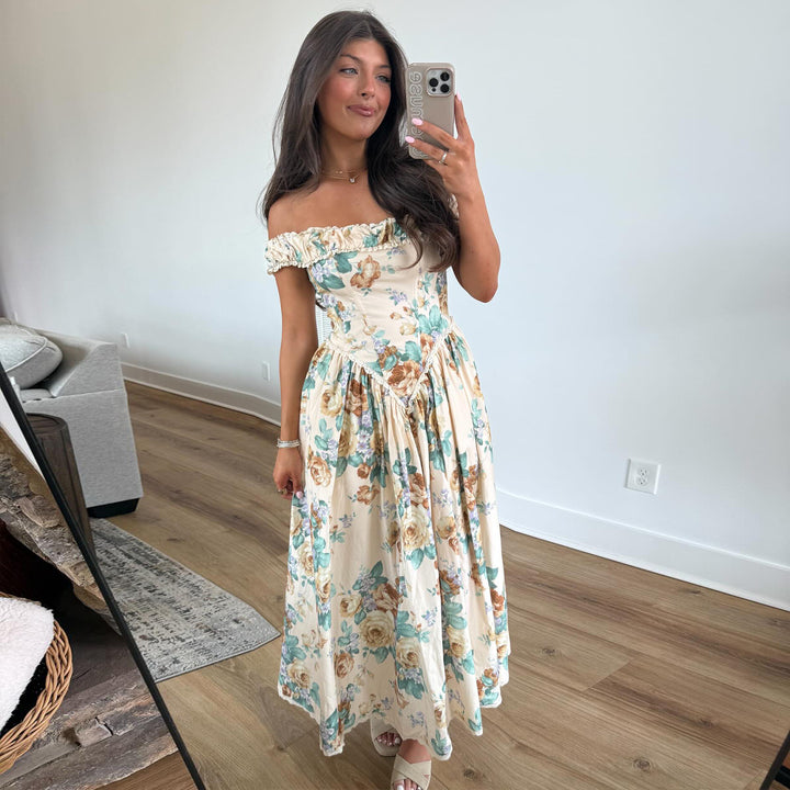 Women Off-Shoulder Maxi Dress with Floral Accents and Gathered Top