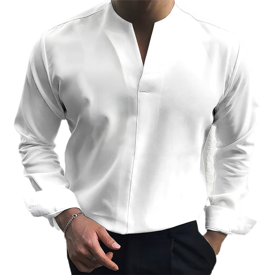 Men's long sleeve shirt with modern V-neck and textured stripe pattern Lisslune