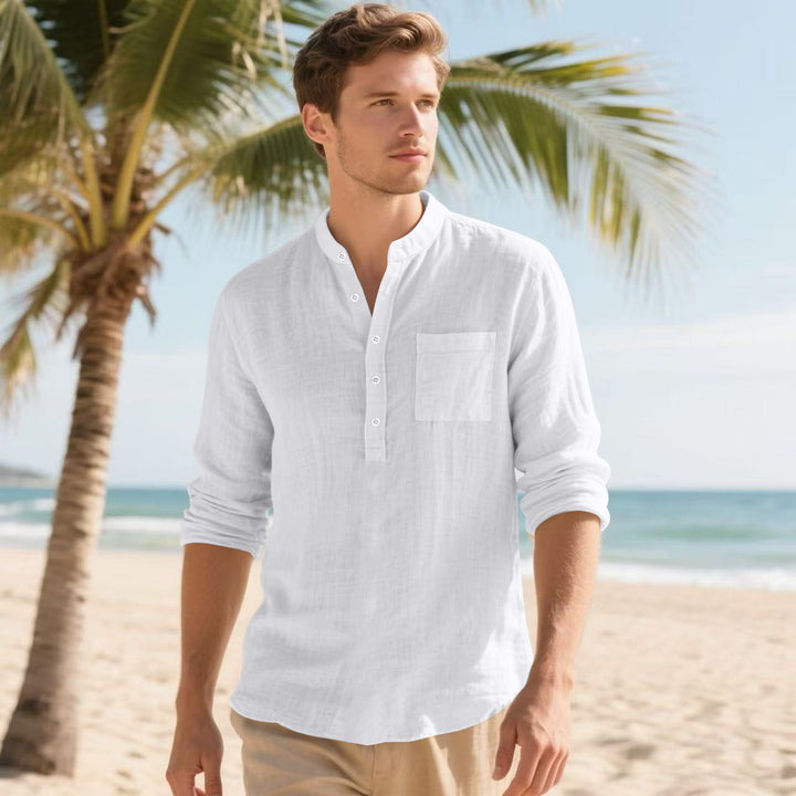 Men's Casual Long Sleeve Shirt with Stand-Up Collar and Practical Chest Pocket Lisslune
