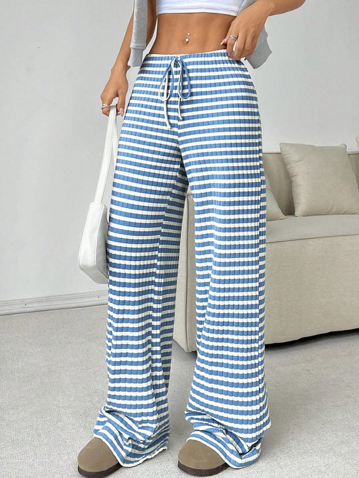 Women’s Casual Wide-Cut Striped Trousers with Elastic Waist Lisslune