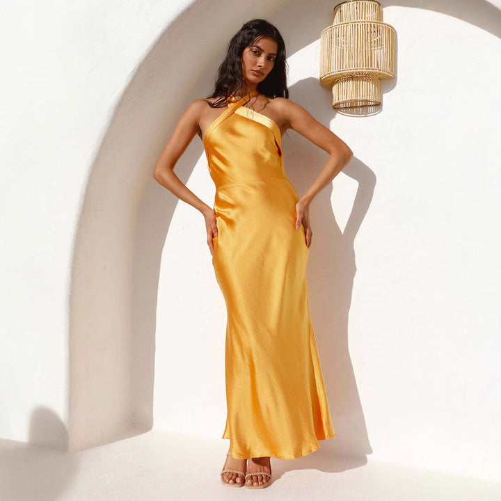 Women’s elegant evening dress with asymmetric neckline and flowing satin fall