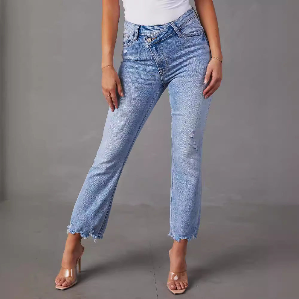 Women's high-waist jeans with trendy fringing and distressed details Lisslune