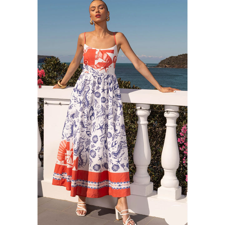 Women's maxi dress with fine straps and artistic graphic print
