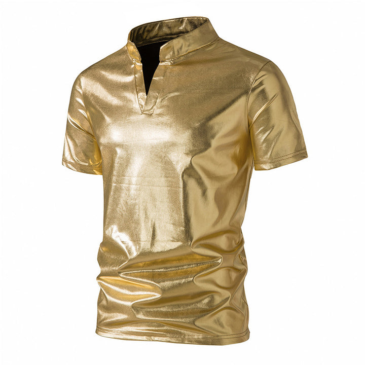 Men's shiny short-sleeve shirt in modern stand-up collar design Lisslune