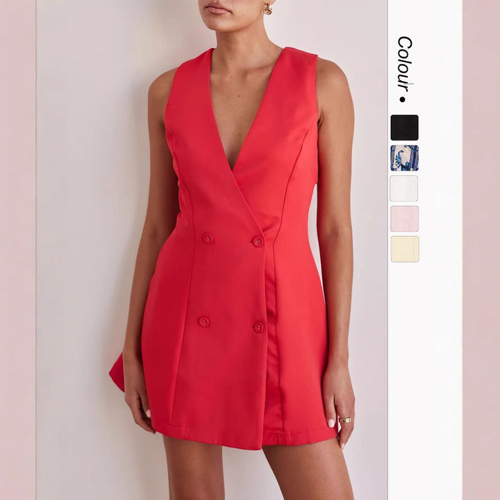 Women's reversible dress with deep V-neckline and double button placket Lune London