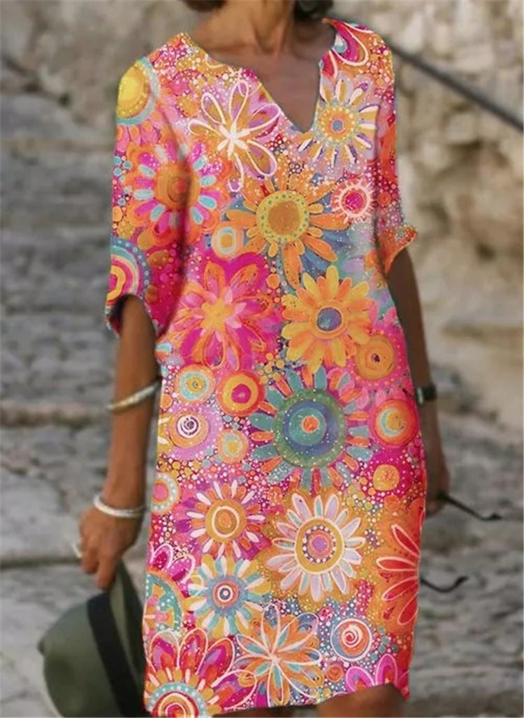 Women's casual leisure dress with floral patterns and V-neck