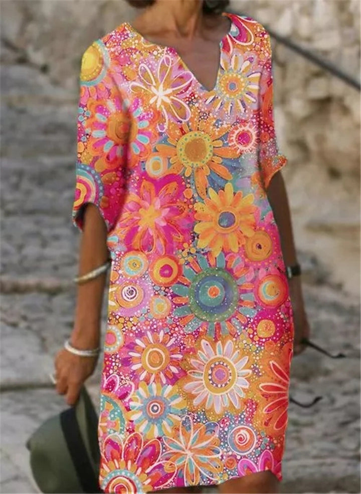 Women's casual leisure dress with floral patterns and V-neck