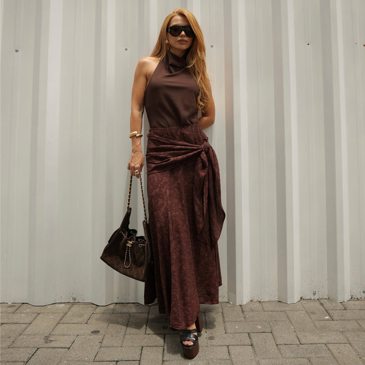 Ladies maxi skirt with sophisticated wrap design and floral accents Lisslune