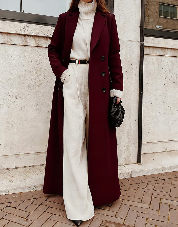 Ladies Elegant Wool Coat with Double Button Placket and Deep Pockets