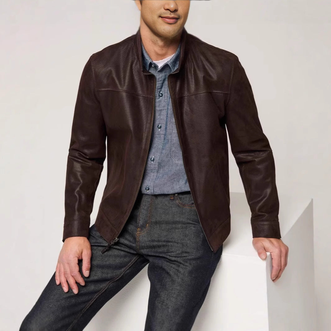 Men's leather jacket in a modern cut with textured outer material Lisslune