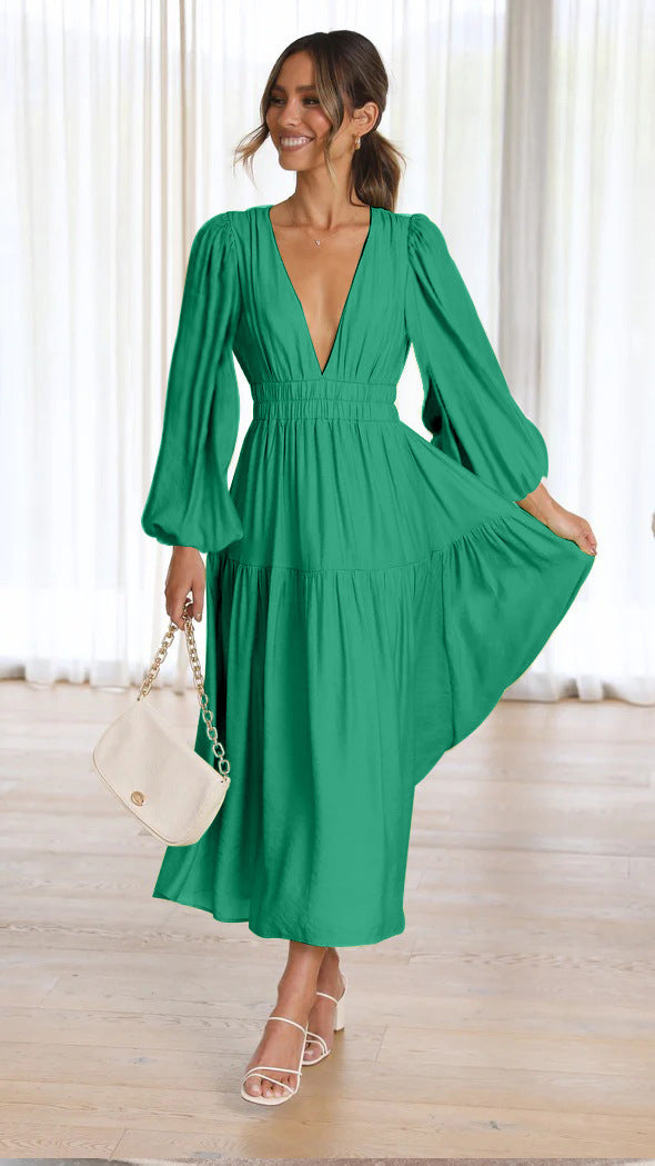 Women's long-sleeve maxi dress with deep V-neck and wide skirt Lune London