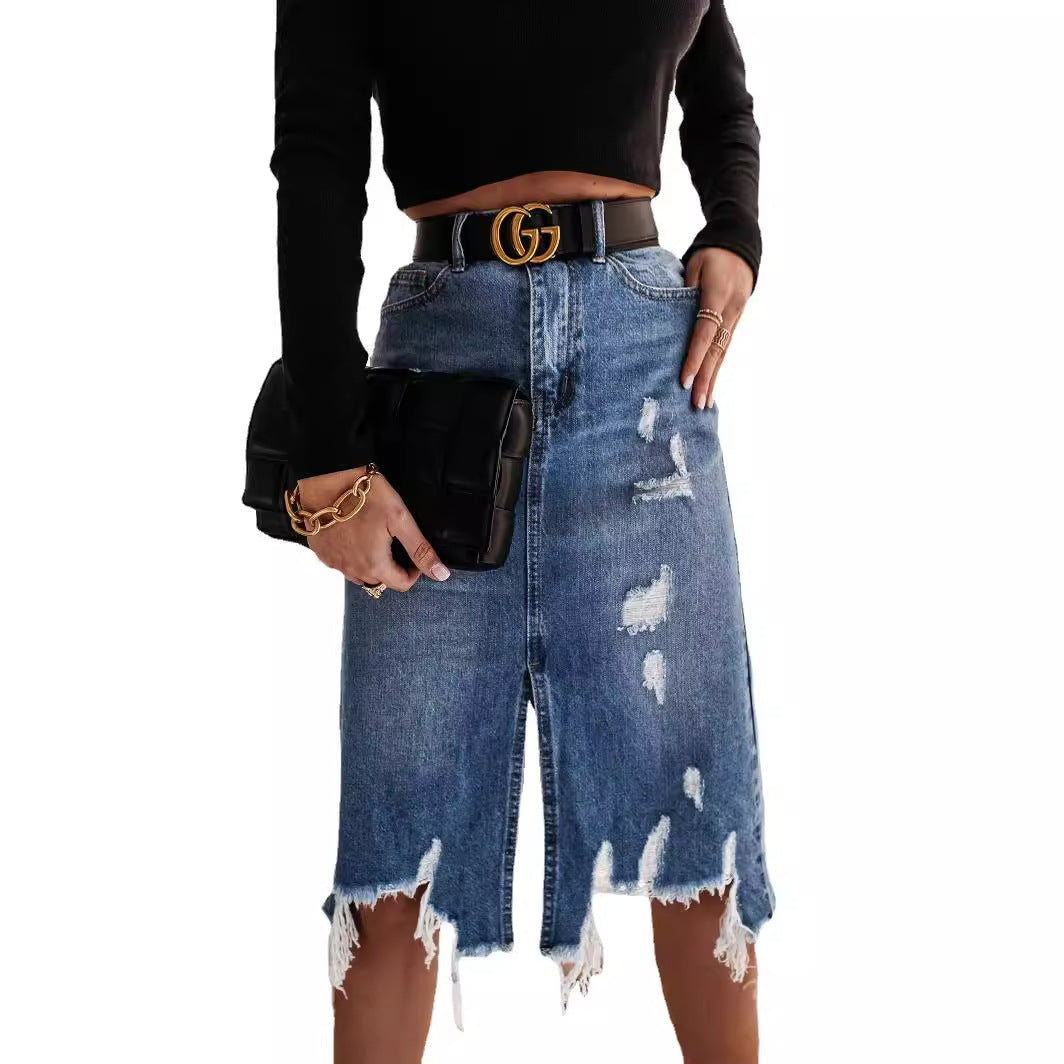 Women's midi skirt in modern vintage design with casual used look and fringe hem