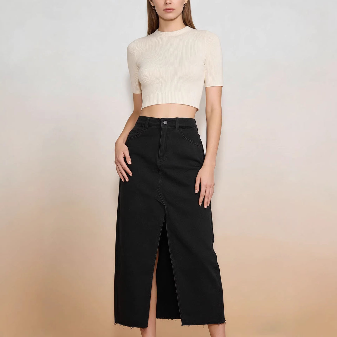 Women's Midi Denim Skirt with High Slit and Frayed Hem Lisslune