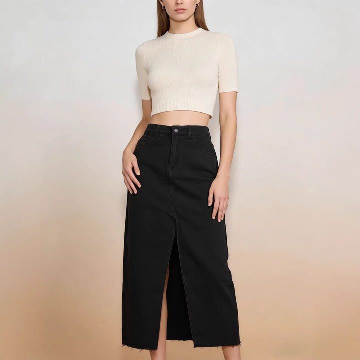 Women's Midi Denim Skirt with High Slit and Frayed Hem Lisslune
