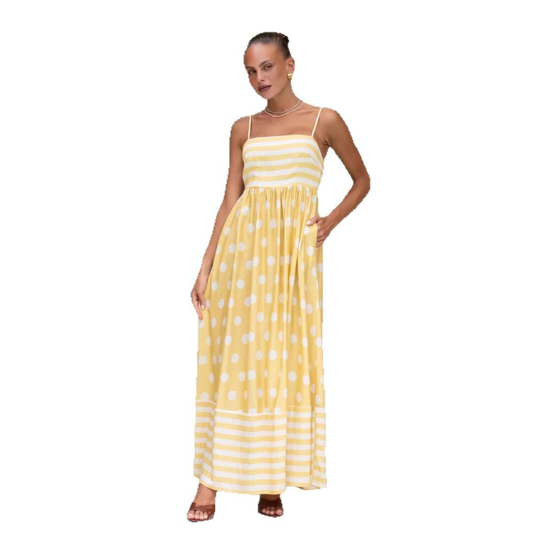 Women's maxi dress with gathered bodice and playful polka dot and stripe pattern Lune London