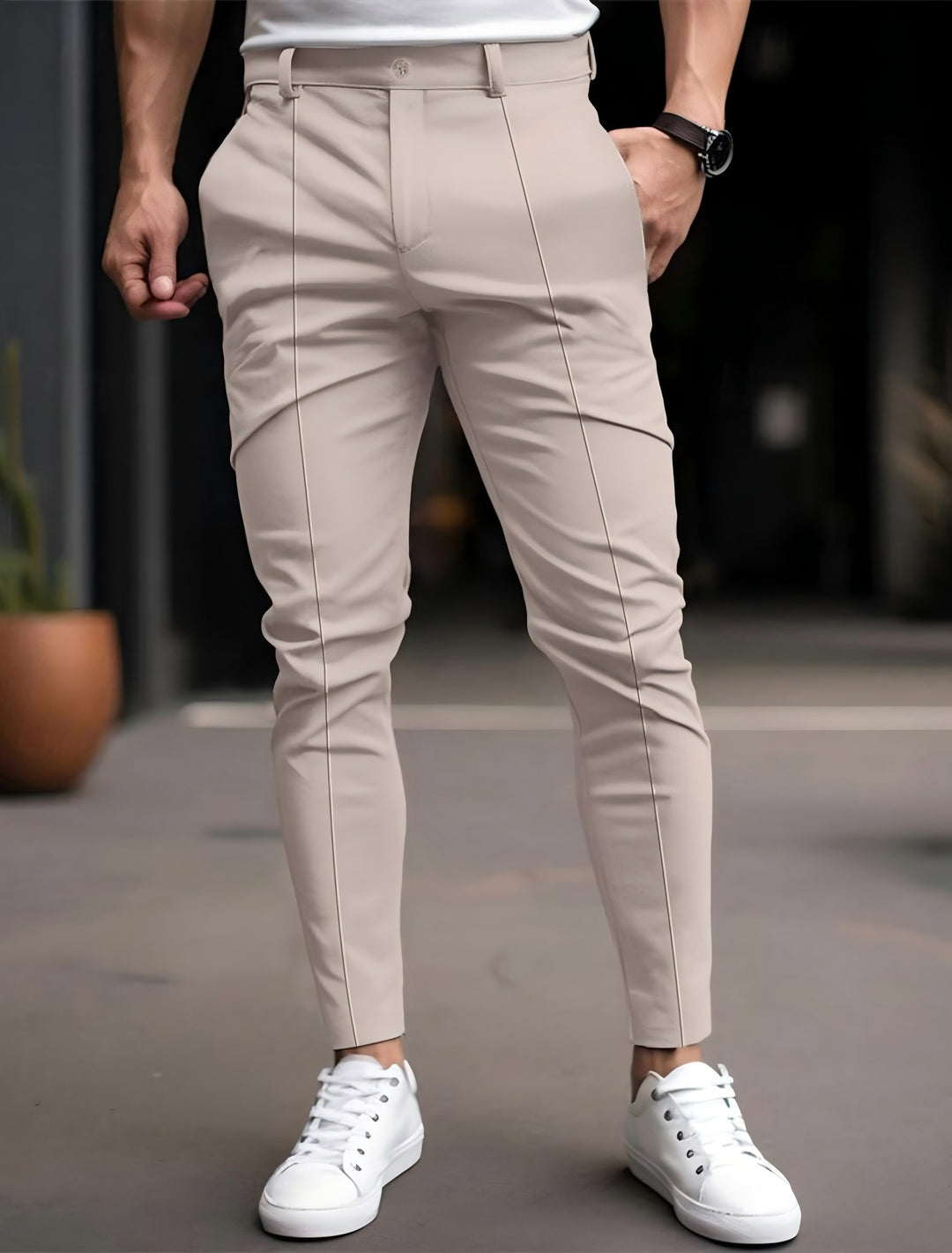 Men's stylish slim-fit chinos with elastic waistband and versatile pockets Lisslune