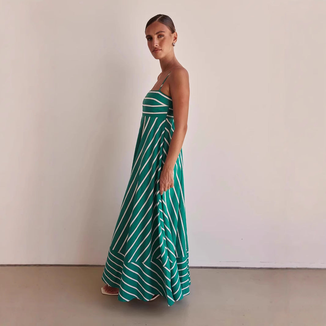 Women's Long Sleeve Maxi Dress with Elegant Stripe Pattern and Flowing Cut