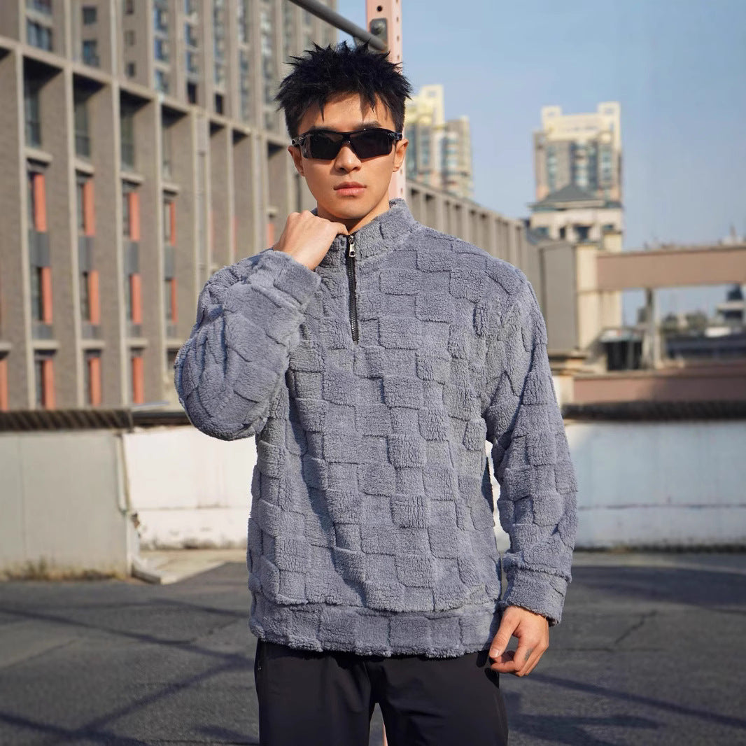 Men's fleece pullover with textured surface structure and standing collar Lisslune