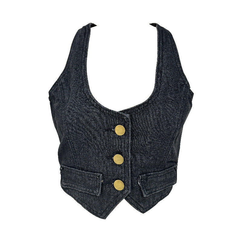 Women's denim vest with modern V-neck and practical pockets Lisslune