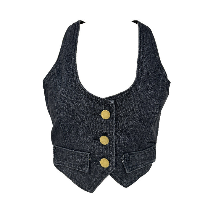 Women's denim vest with modern V-neck and practical pockets Lisslune