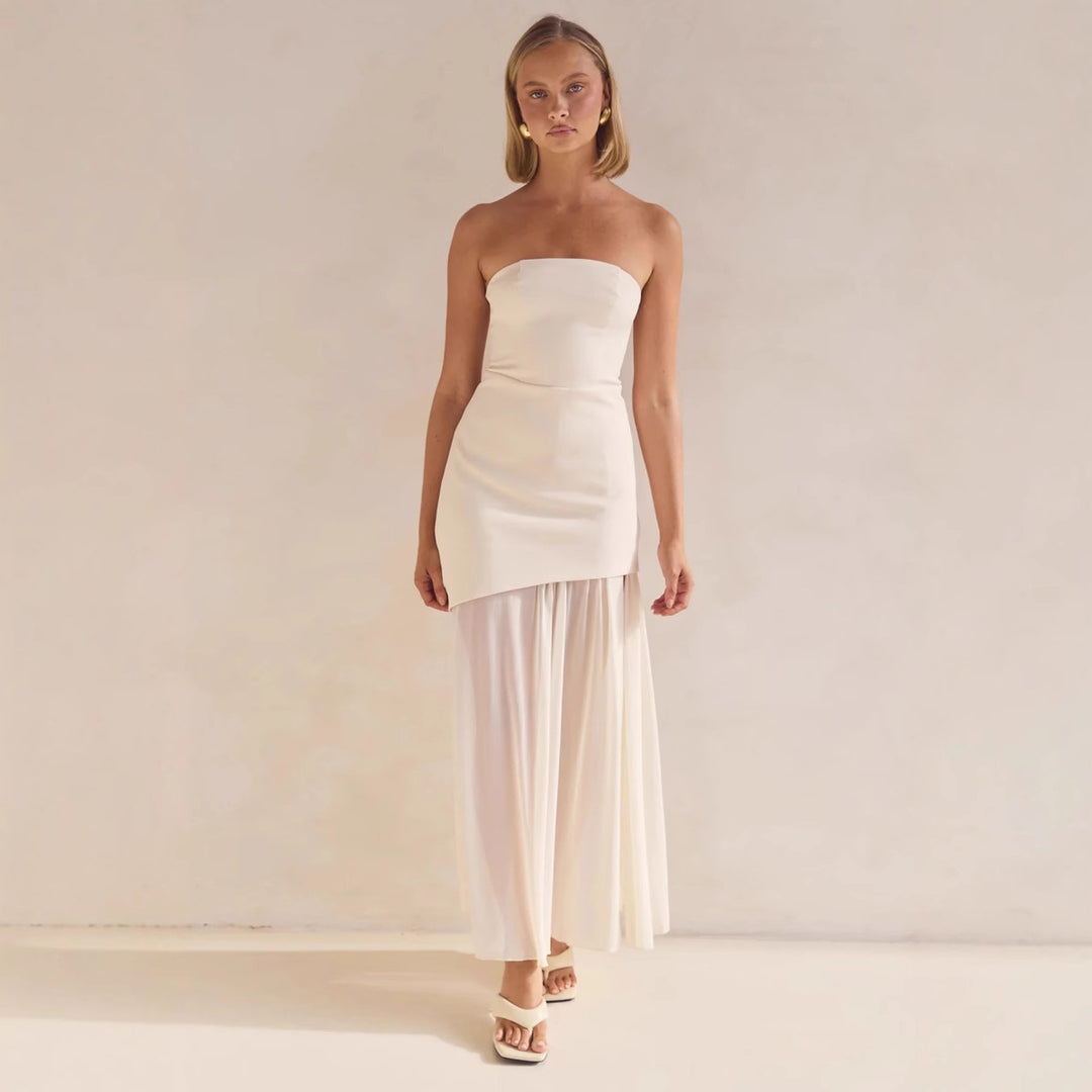 Women's Elegant Bandeau Maxi Dress with Flowing Chiffon Skirt and Figure-Hugging Bodice