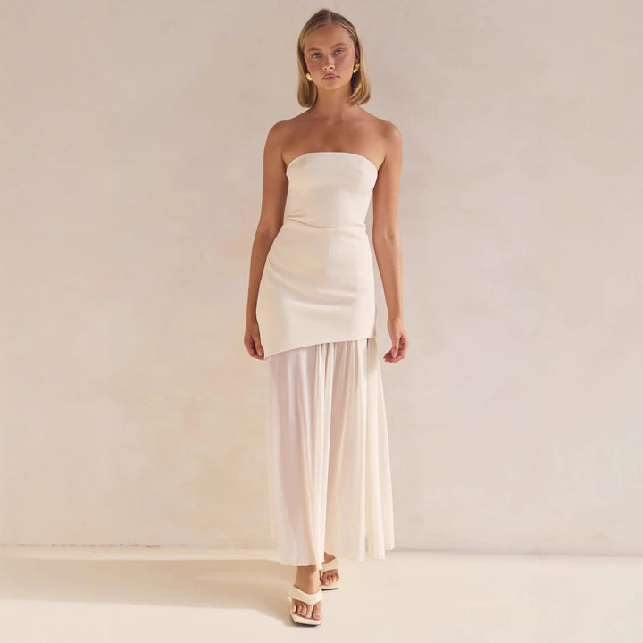 Women's Elegant Bandeau Maxi Dress with Flowing Chiffon Skirt and Figure-Hugging Bodice