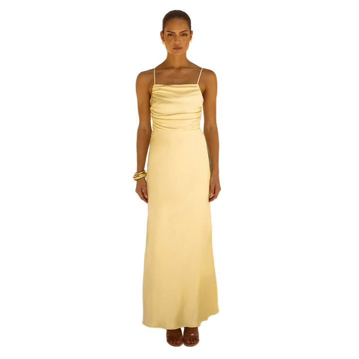 Women's elegant maxi dress with refined gathering and adjustable spaghetti straps
