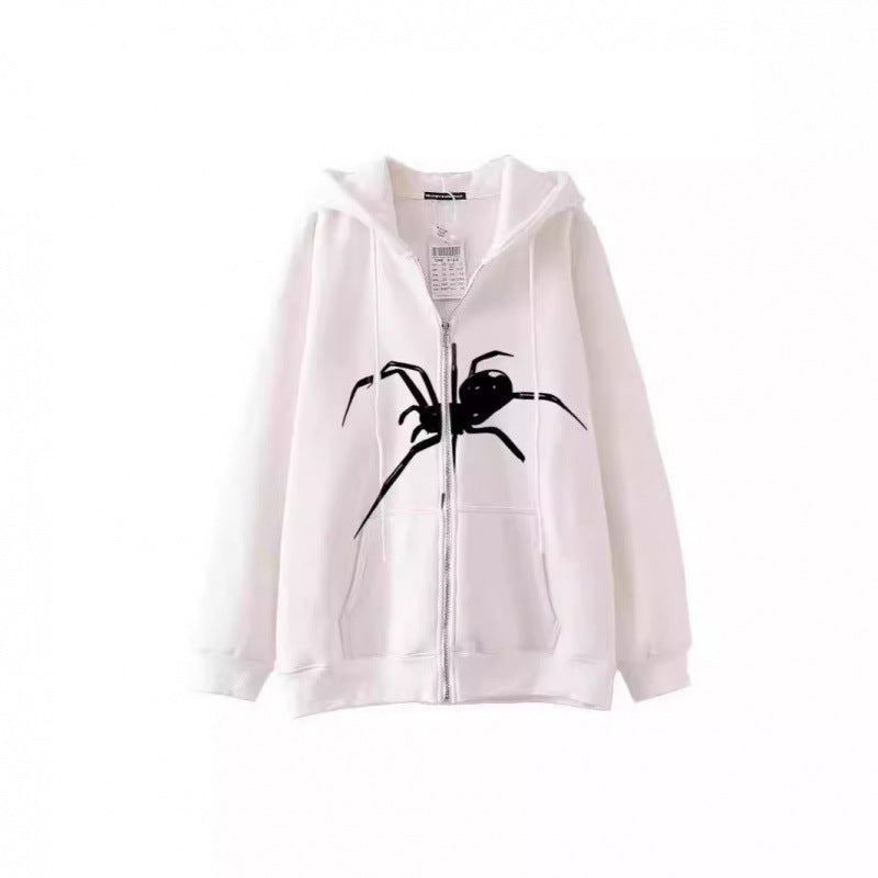 Women's hooded jacket with creative spider motif and practical zipper Lisslune
