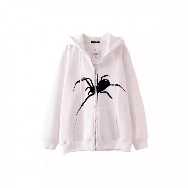 Women's hooded jacket with creative spider motif and practical zipper Lisslune