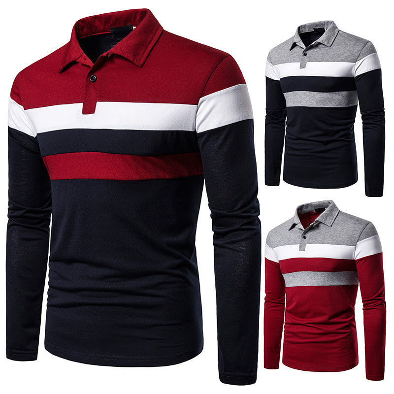 Men's Long Sleeve Polo Shirt with Modern Block Stripes Lisslune