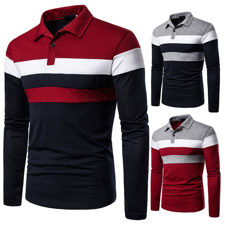 Men's Long Sleeve Polo Shirt with Modern Block Stripes Lisslune