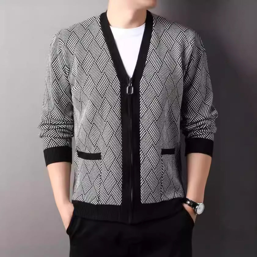 Men's cardigan with modern diamond pattern and high collar Lisslune