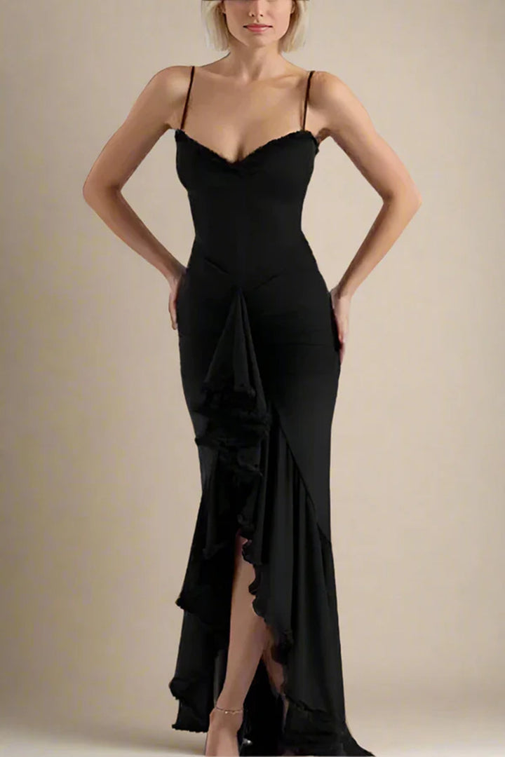 Women's Elegant Wrap Dress with Ruffle Details and High Slit