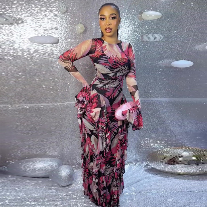 Women's maxi dress with transparent sleeves and floral pattern