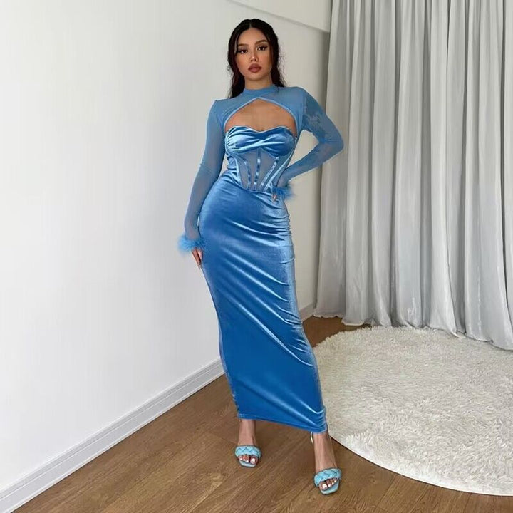Women’s maxi dress with innovative corset top and transparent sleeves Lisslune