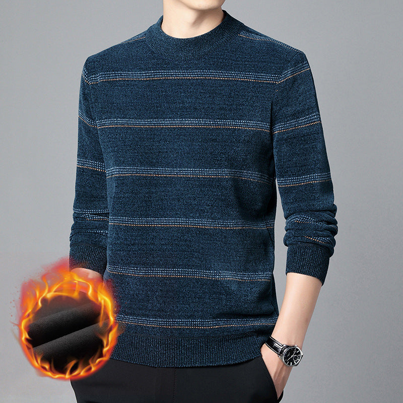 Men's elegant crew neck sweater with fine stripe pattern and warming inner lining Lisslune