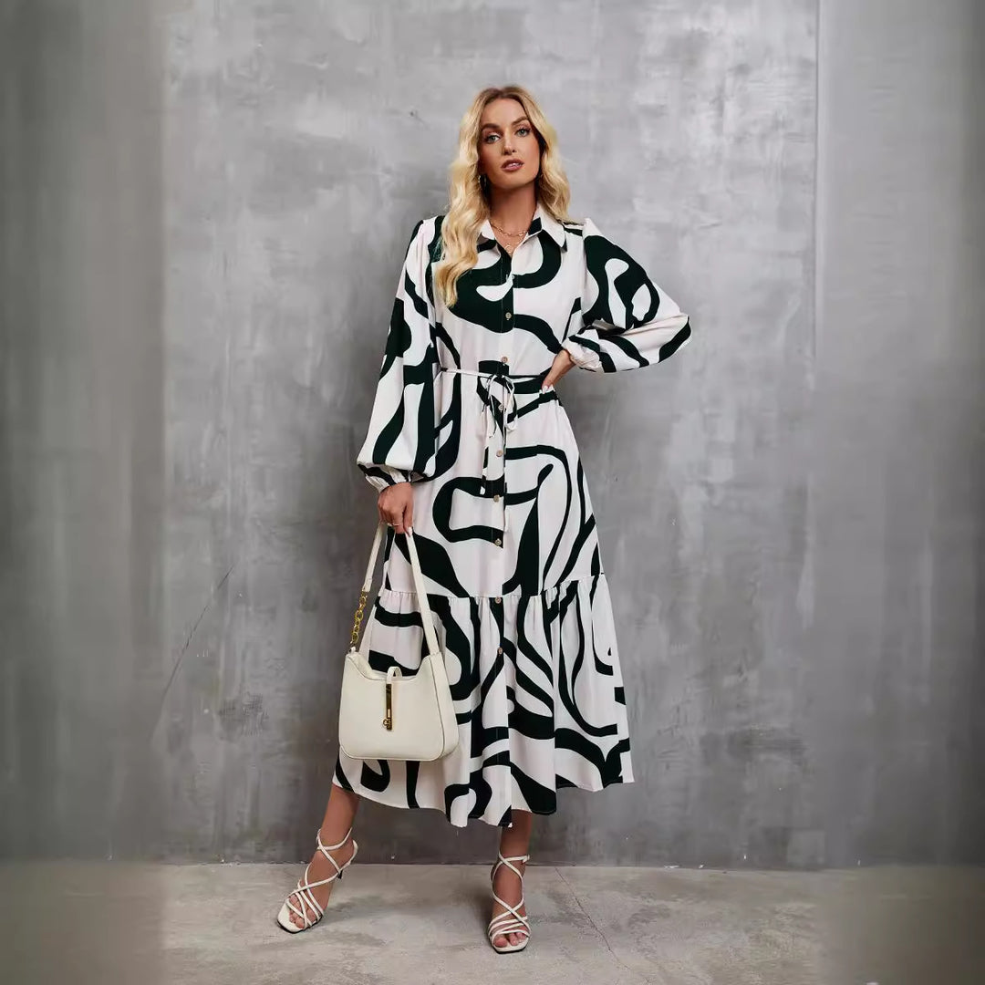 Women's Long Sleeve Dress with Sophisticated Graphic Design and Elegant Waist Belt Lisslune