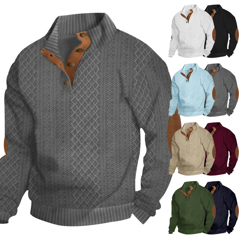 Men's knit sweater with innovative stand-up collar and modern leather appliqués Lisslune