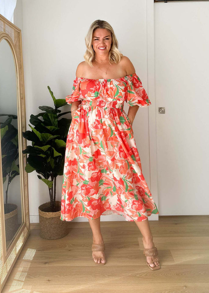 Women's Off-Shoulder Maxi Dress with Floral Patterns and Elastic Waist Lisslune