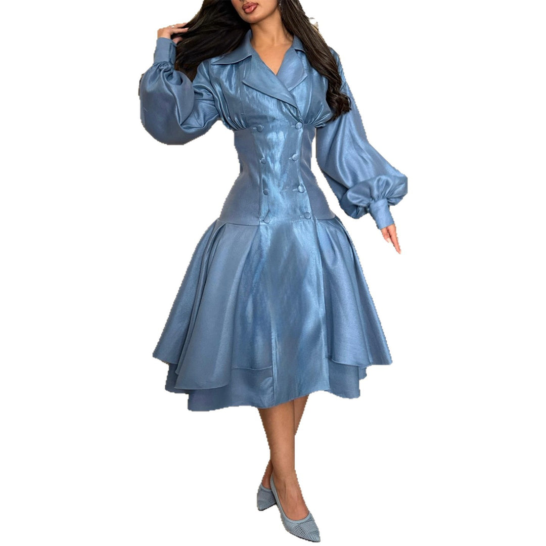 Women's vintage-inspired A-line dress with elegant puff sleeves and button placket Lisslune
