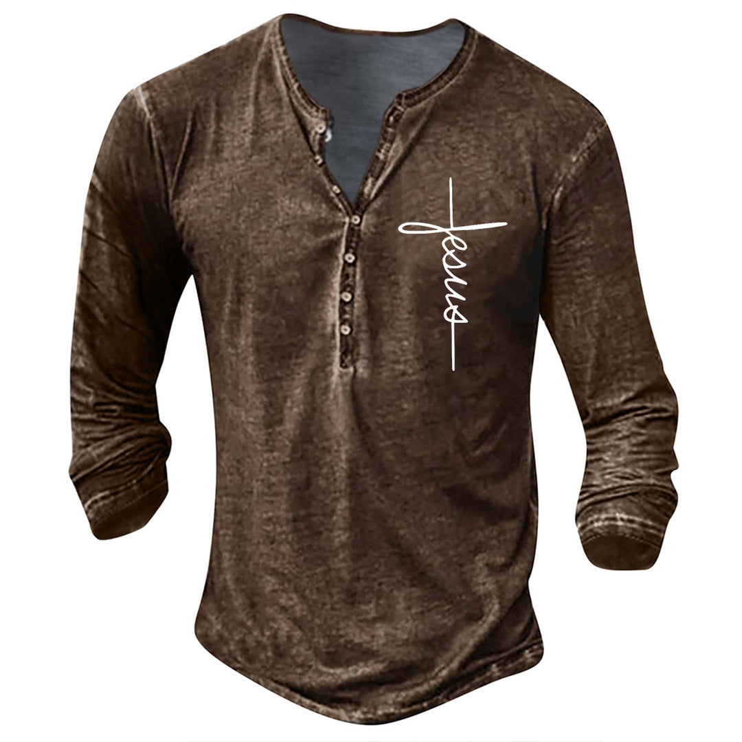 Men's Long Sleeve Henley Shirt with Creative Graphic Print Lisslune