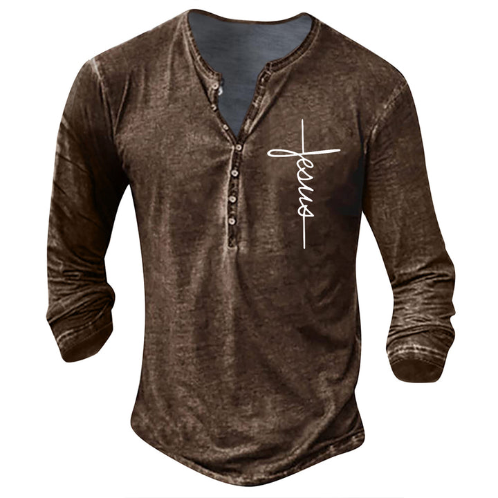 Men's Long Sleeve Henley Shirt with Creative Graphic Print Lisslune