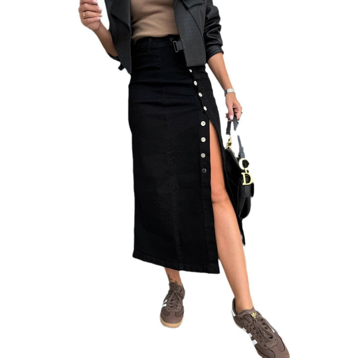 Women's Long Denim Skirt with Side Slit and Button Details Lisslune
