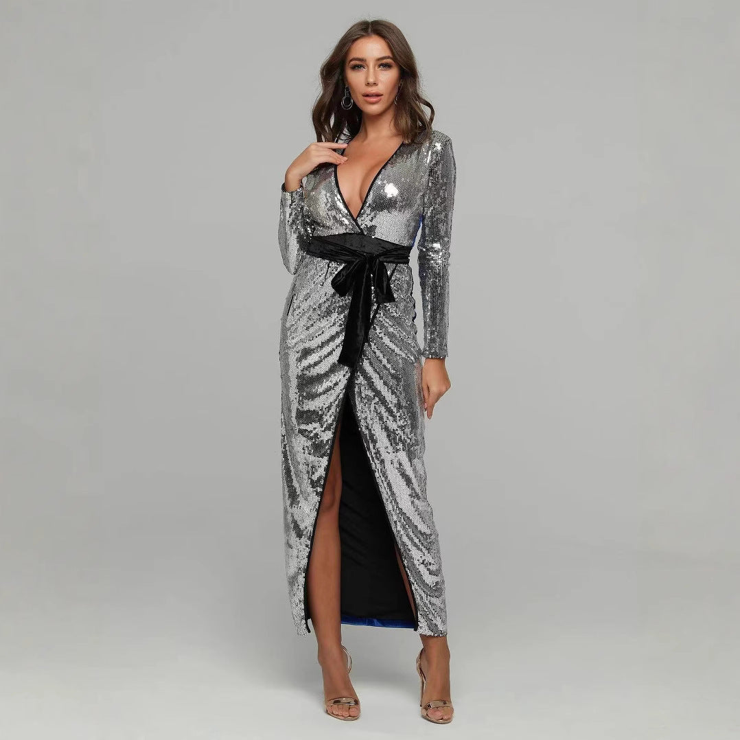 Women's glamorous evening dress with deep V-neck and side slit