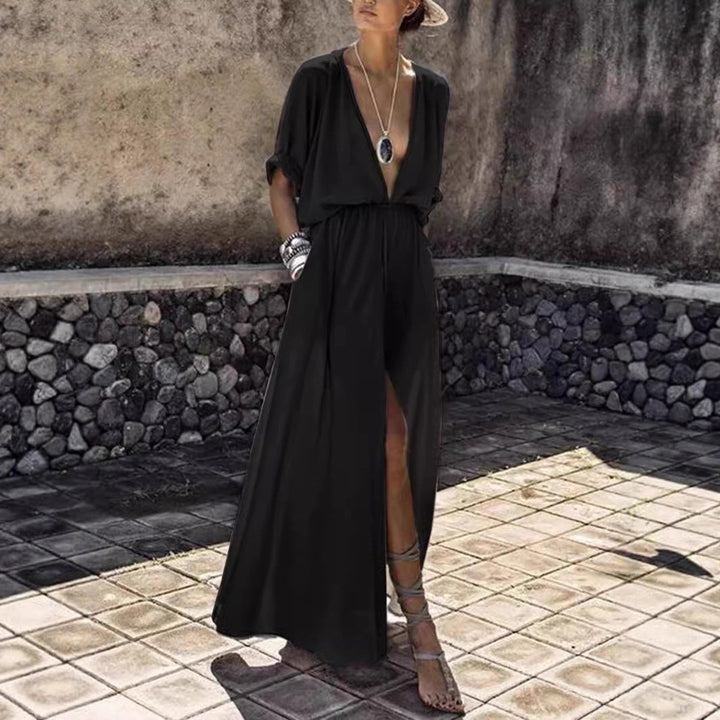Women's Elegant Maxi Dress with Deep V-Neck and High Slit Lisslune