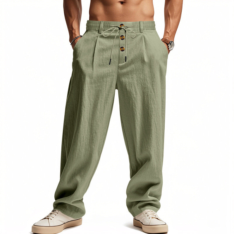 Men's casual loose-fitting leisure pants with elastic waistband and functional button details Lisslune
