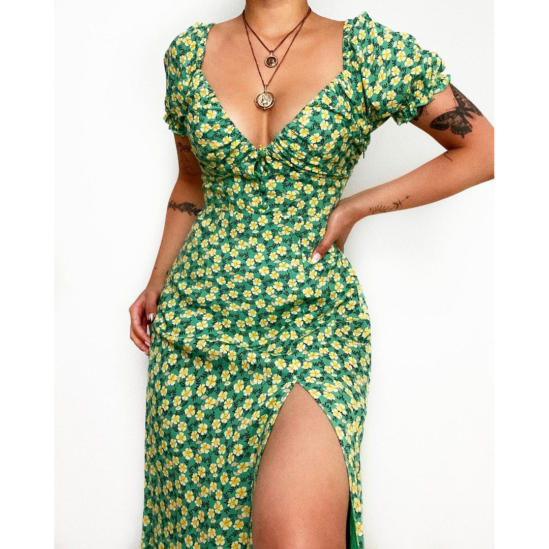 Ladies Elegant Maxi Dress with Heart-Shaped Neckline and Floral Details