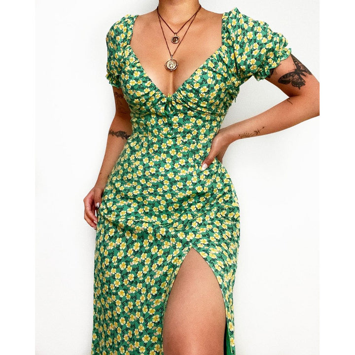 Ladies Elegant Maxi Dress with Heart-Shaped Neckline and Floral Details