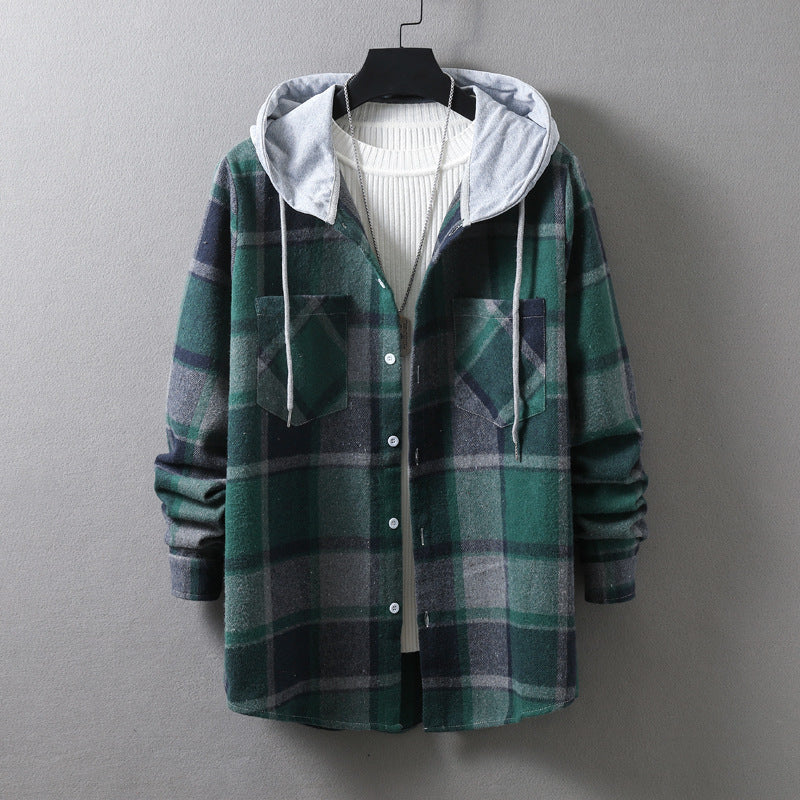 Men's casual flannel shirt jacket with hood and graphic check pattern Lisslune